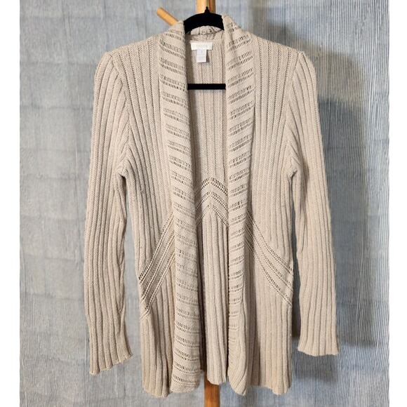 Chicos $90 Small Beige Open Knit Cotton Blend Shawl Collar Open Front Cardigan - Picture 1 of 8